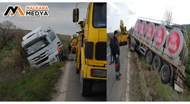 Malkara'da yoldan çıkan süt tankeri şarampole düştü