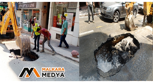 Malkara’da su borusu patlayınca yol çöktü