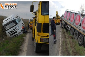 Malkara'da yoldan çıkan süt tankeri şarampole düştü