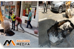 Malkara’da su borusu patlayınca yol çöktü