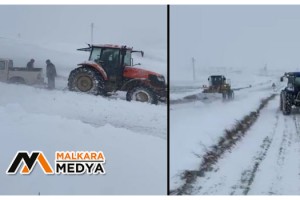 Malkara'da yarım metrelik karda mahsur kalan araçlar traktörle kurtarıldı